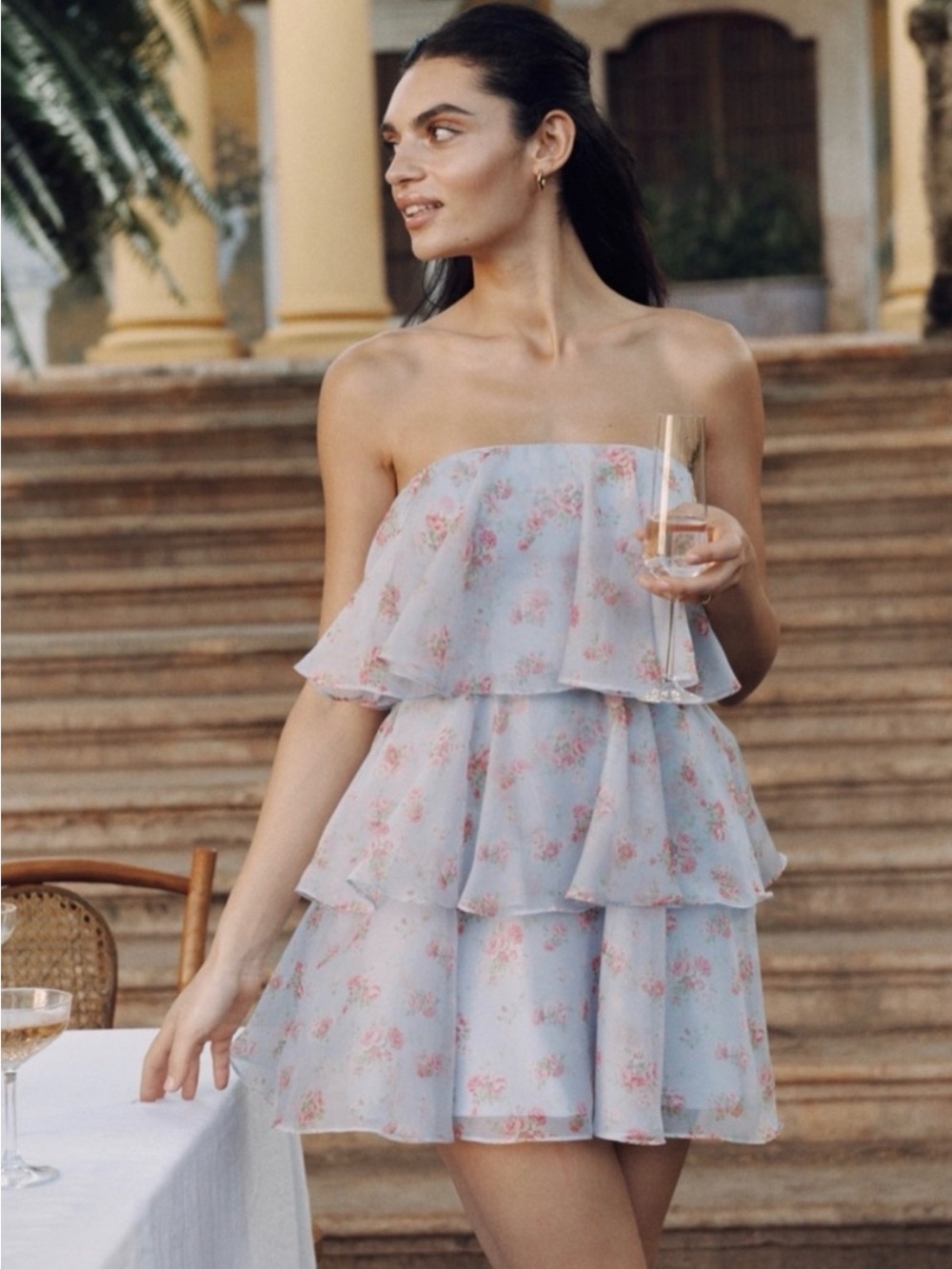 Abercrombie & Fitch Strapless Floral Tiered Mini Dress
